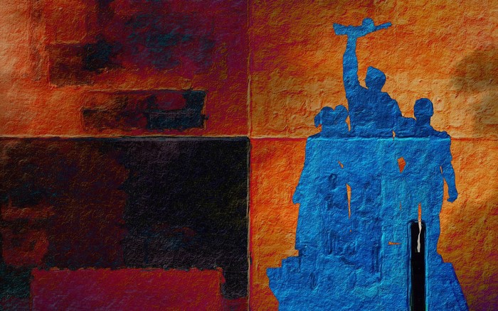Blue silhouette of soldiers against orange textured background