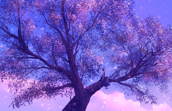 Anime girl sitting on a tree branch