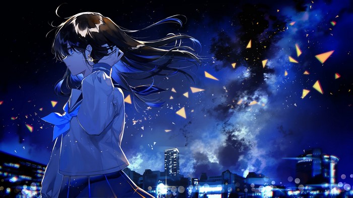 Anime girl in school uniform at night with city lights