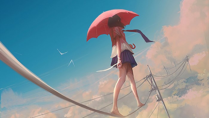Anime girl with umbrella walking on power lines