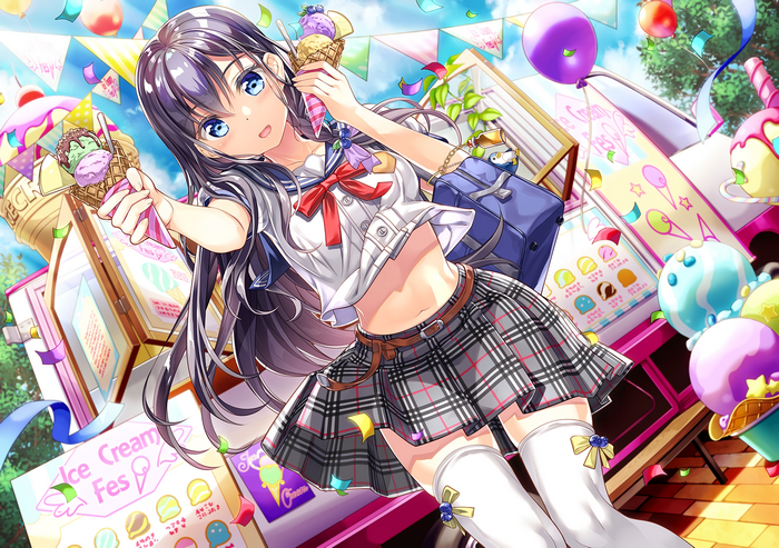 Anime girl with purple hair and ice cream at a festival