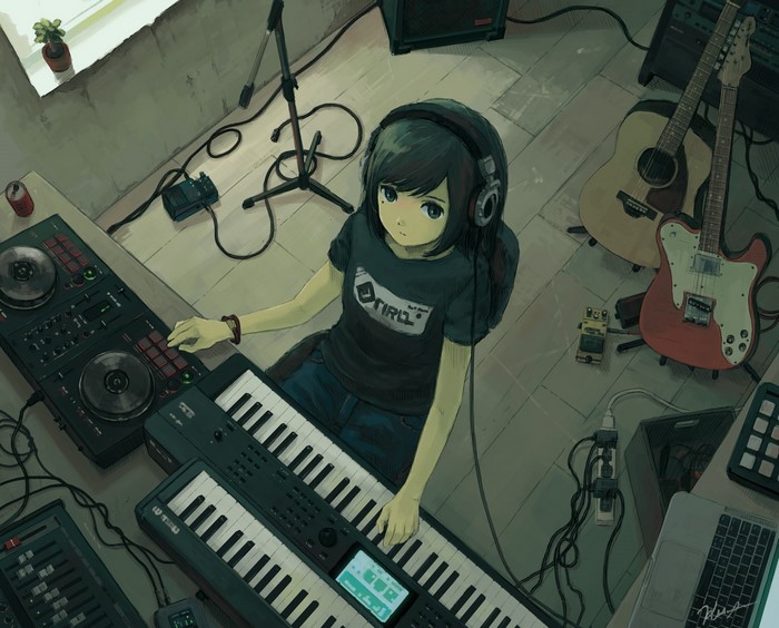 Anime girl with headphones in music studio