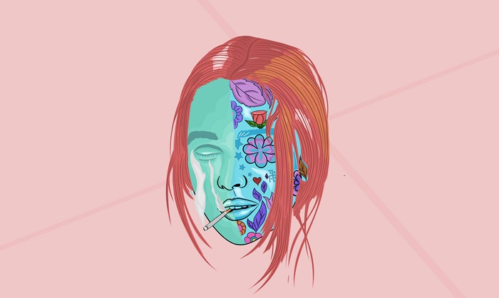 Woman with floral face art smoking cigarette