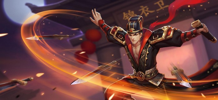 Anime warrior in traditional Chinese attire with swords