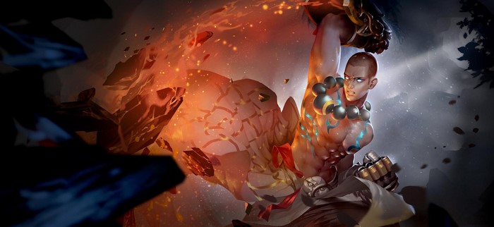 Warrior monk smashing rocks with fire