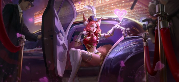 Fox girl in a car with a man and Vegas lights
