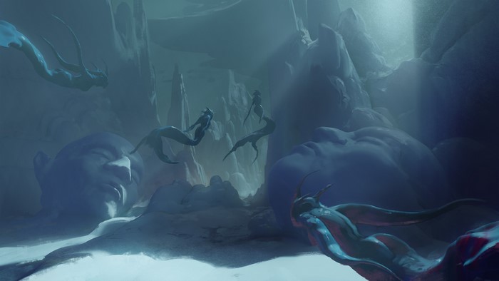 Fantasy art of mermaids swimming near giant stone heads underwater