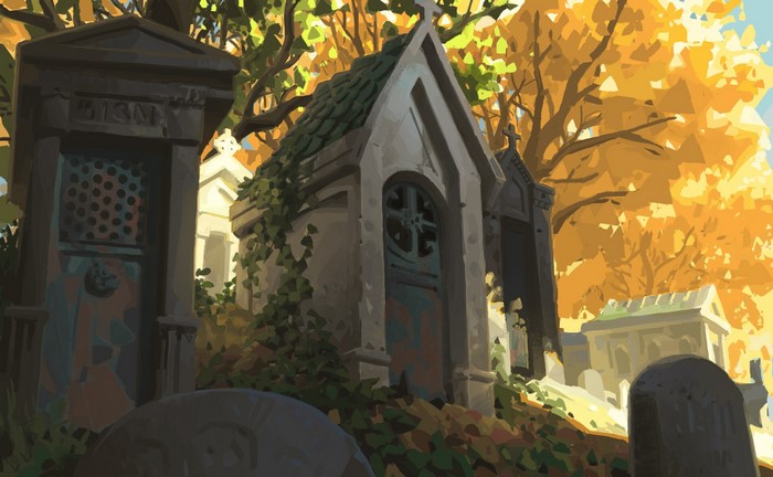 Graveyard with mausoleums and tombstones in autumn