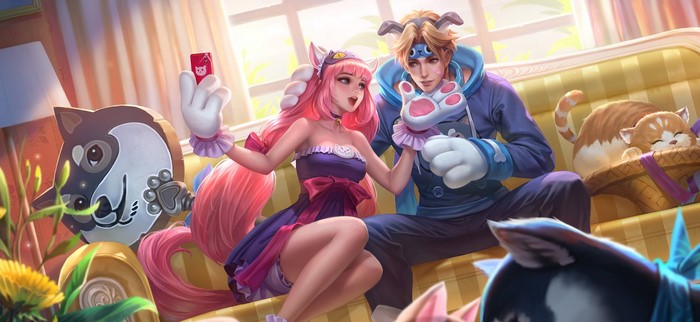 Anime couple taking a selfie with cats