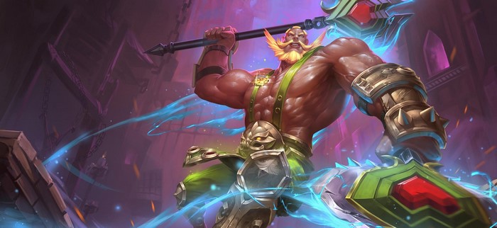 Muscular warrior with axe and shield