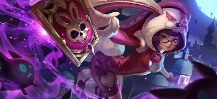 Anime girl with glasses and bunny hood holding a shield