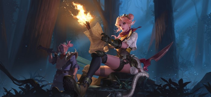 Two anime women in a forest with a map and torch