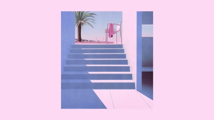 Stairs leading to a chair and palm trees