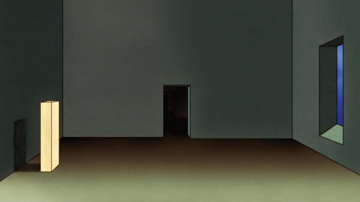 Surreal room with a monolith and a window