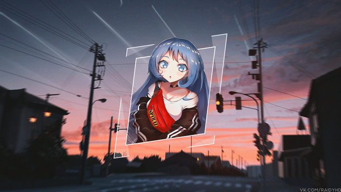 4K anime girl with blue hair in a city at sunset