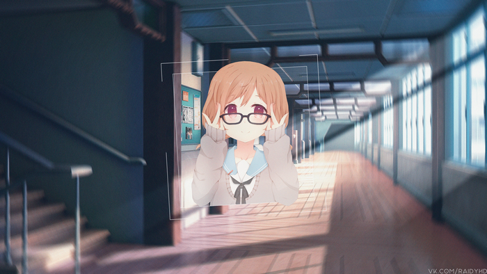 Anime girl with glasses in school hallway