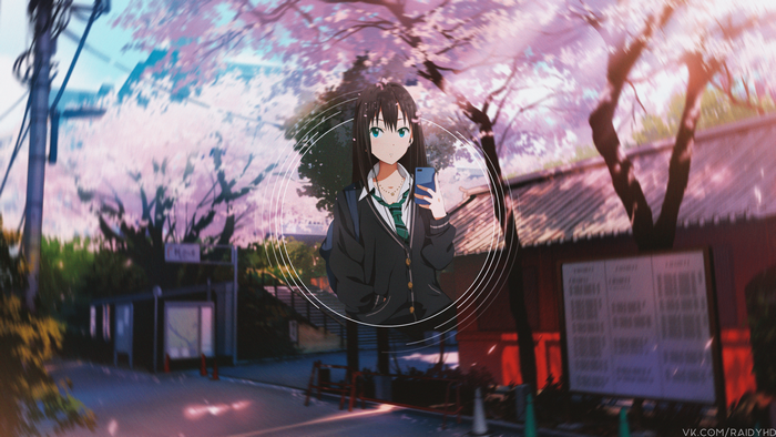 4K anime girl with phone under cherry blossoms