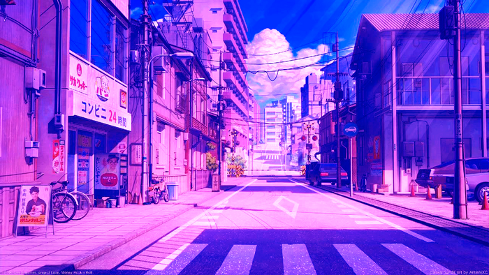 Anime street scene with convenience store and cars