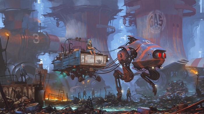 Sci-fi industrial landscape with robotic vehicle