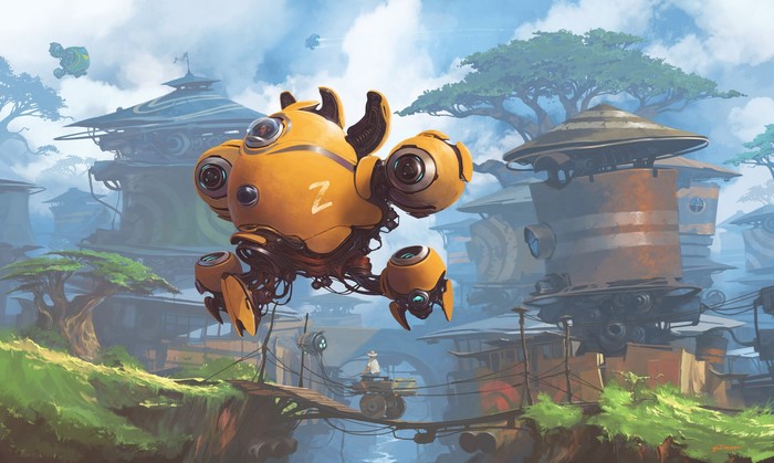 Yellow robot flying over alien village by Alejandro Burdisio