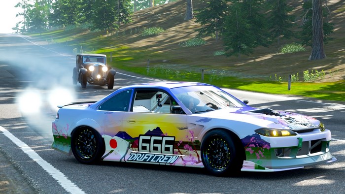 Nissan 240SX drifting past an oldtimer car