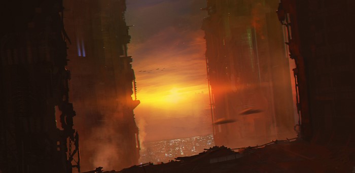Futuristic city at sunset with flying vehicles