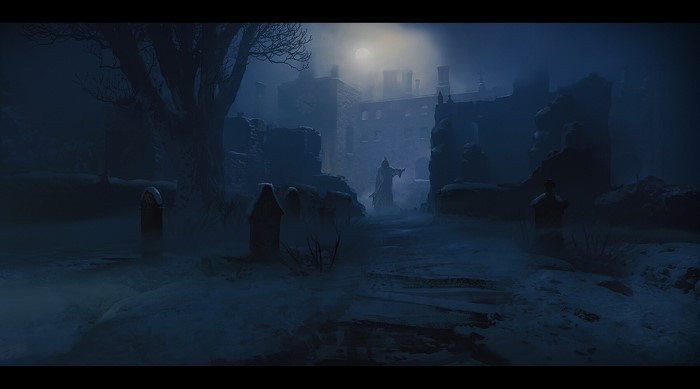 Dark fantasy graveyard with robed figures and ruins