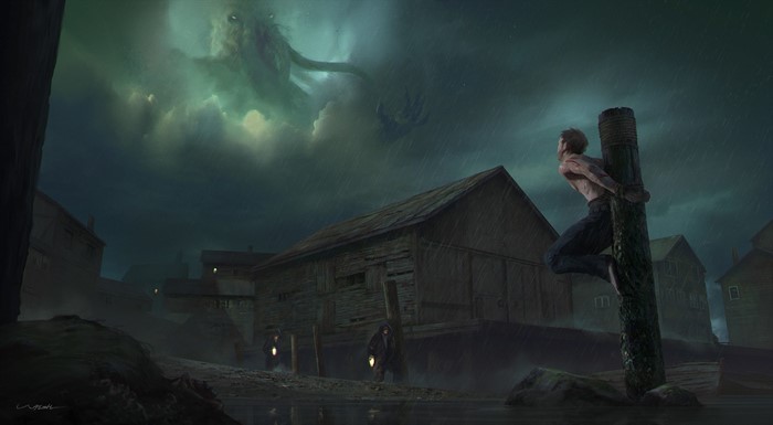 Artwork of Cthulhu creature appearing in stormy skies over a village
