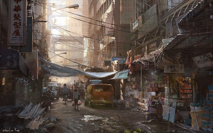 Urban street market with people and vehicles