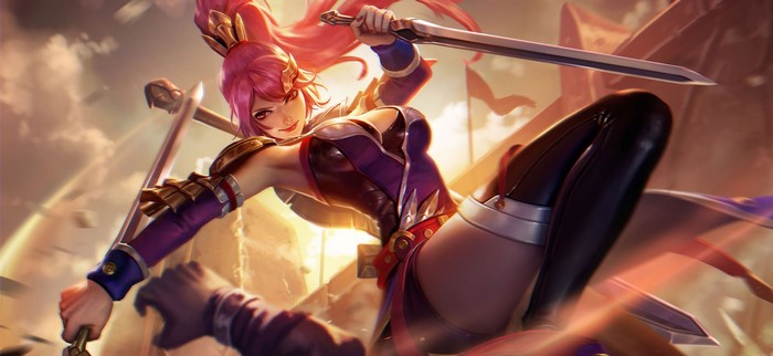 Fantasy warrior girl with pink hair and swords