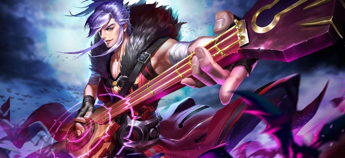 Anime man with purple hair playing a guitar