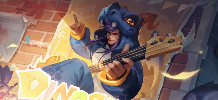Anime man in dinosaur costume playing guitar