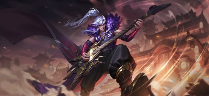 Anime boy playing a guitar with purple feathers