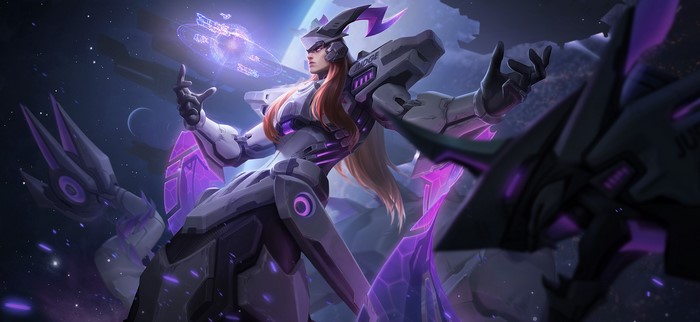 Anime character in futuristic armor with holographic display