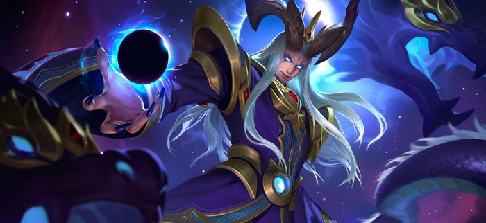 Man with horns and blue glowing eyes holding a black orb
