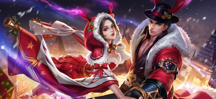Christmas Couple with Reindeer Antlers and Festive Outfits