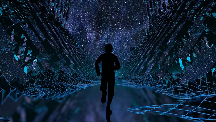 Silhouette running through a digital galaxy
