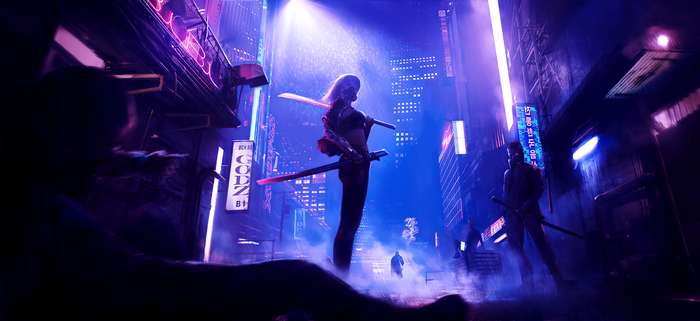 Cyberpunk women with swords in a rainy neon city