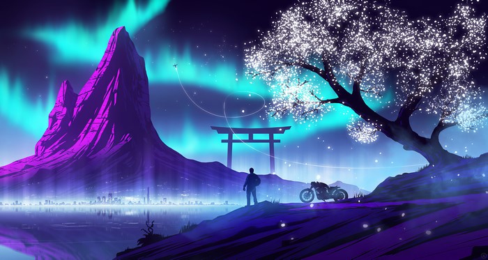 Man with motorcycle watches aurora over city and mountains