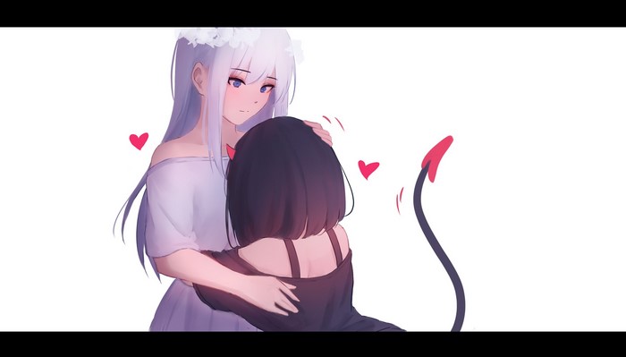 Anime girls with horns and tail hugging