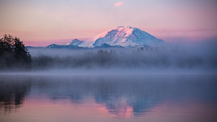 Misty Mount Rainier at Dawn Reflected in Lake
