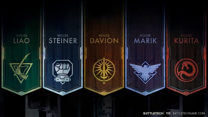 Battletech Houses Liao, Steiner, Davion, Marik, and Kurita Banners