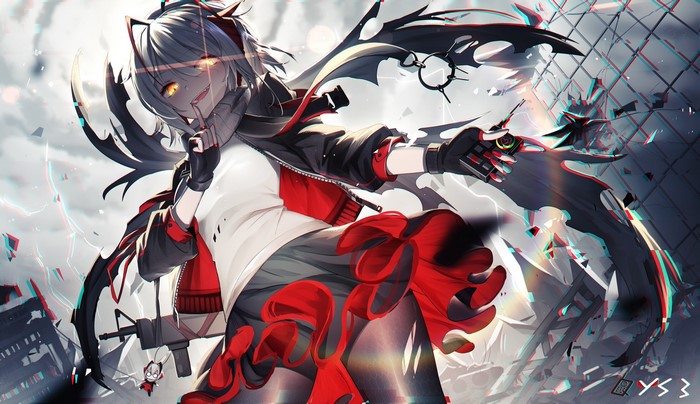 W from Arknights with glowing eyes and wings