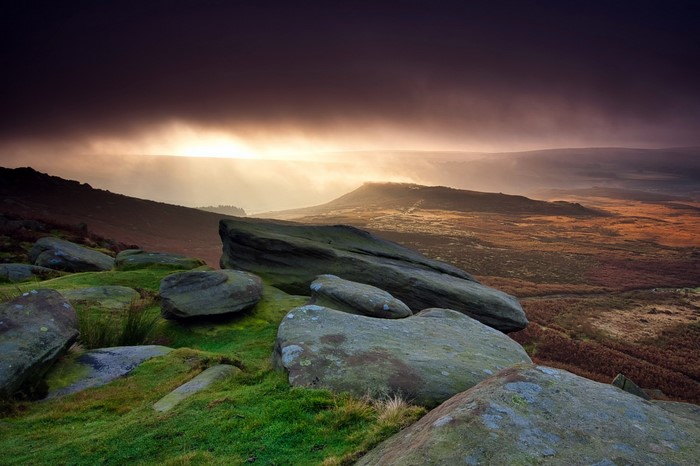 Rocky landscape with dramatic sunset sky