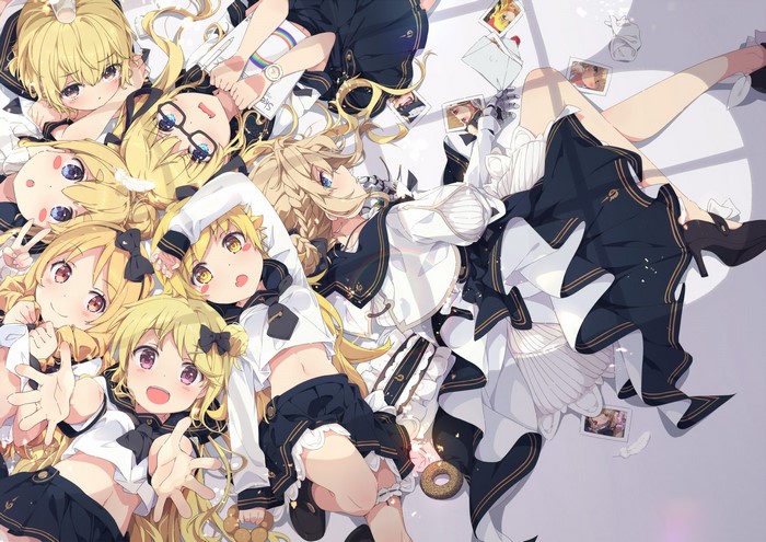 Anime girls in school uniforms lying down