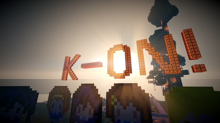 Minecraft K-ON! characters and structures at sunset