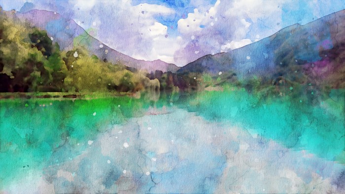 Watercolor landscape of mountains and a lake