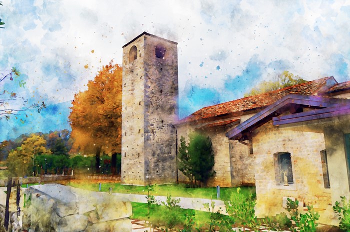 4K watercolor artwork of a building in Italy