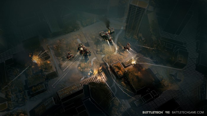 BattleMechs in a destroyed city in Battletech