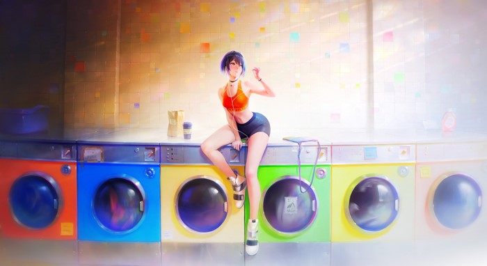 Anime girl with short hair in a laundry room